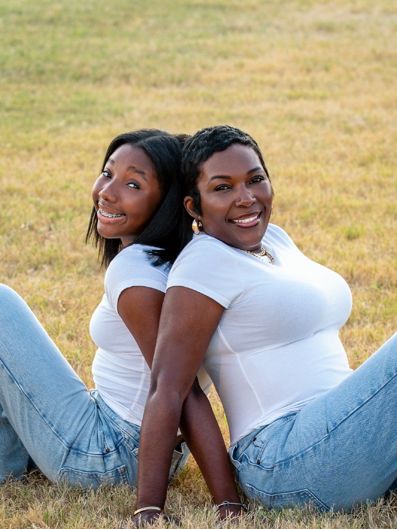 Mother-daughter portrait of Jamie and Maya at Frisco Commons Park in Frisco