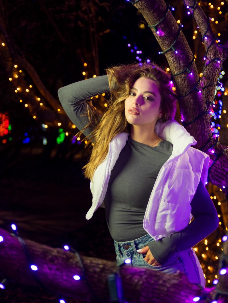 Night senior portrait of Morgan at Vitruvian Park in Addison
