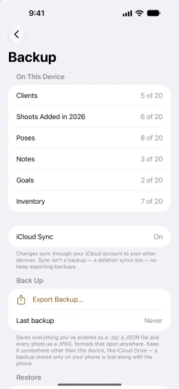 CatchLight's Backup screen: clients, shoots, poses, notes, goals and inventory each counted out of 20, iCloud Sync on, and Export Backup