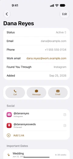 A client in CatchLight with status, email, phone, how they found you, call and message buttons, and Instagram and Pinterest profiles