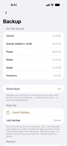Settings › Backup: clients, shoots, poses, notes, goals and inventory each counted out of 20, iCloud Sync On, Export Backup and when the last backup was made