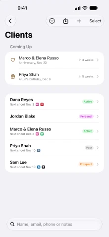 The Clients list in CatchLight, with Coming Up at the top showing an anniversary and a birthday in the next few weeks, then each client with their status