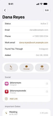 A client in CatchLight: status, email, phone, work email, how they found you, call, message and email buttons, Instagram and Pinterest profiles, and a wedding under important dates