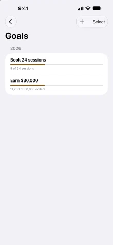 Goals for 2026 in CatchLight: Book 24 sessions at 9 of 24, and Earn $30,000 at $11,200, each with a progress bar