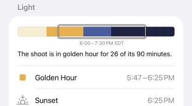 The light on a shoot: a strip of the evening with the 6:00 to 7:30 PM session framed on it, 26 of its 90 minutes in golden hour, golden hour from 5:47 to 6:25 PM and sunset at 6:25