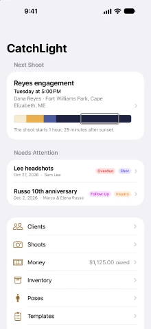 CatchLight's first screen on iPhone: the next shoot with its light, Needs Attention with an overdue shoot and an inquiry to follow up, then the list of sections