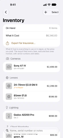 The Inventory list: six items on hand, what it all cost, Export for Insurance, and gear grouped into cameras, lenses and lighting with serial numbers and prices