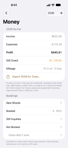 The Money screen for 2026: income, expenses, profit, still owed and mileage, Export 2026 for Taxes, then bookings with the booking rate and a not-booked reason