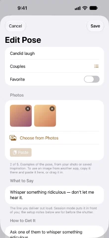 Editing a pose in CatchLight: the title Candid laugh, the Couples category, two reference photos, what to say, and how to get it