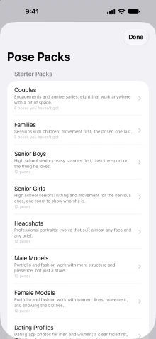The Pose Packs sheet: starter packs for couples, families, senior boys, senior girls, headshots, male models, female models and dating profiles, each saying how many of its poses you don't have yet