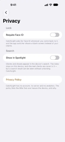 Settings › Privacy: Require Face ID, Show in Spotlight, and a link to the privacy policy