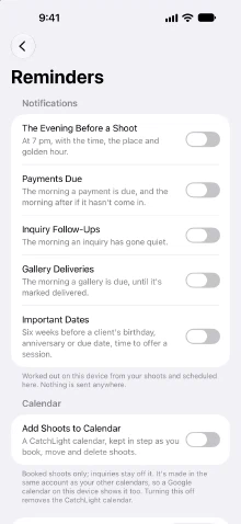 Settings › Reminders: switches for the evening before a shoot, payments due, inquiry follow-ups, gallery deliveries and important dates, then Add Shoots to Calendar