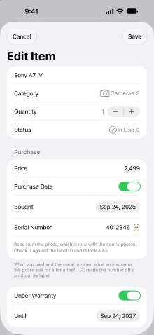 Editing a camera in Inventory after scanning its label: the serial number 4012345 filled in, with a note to check it against the label