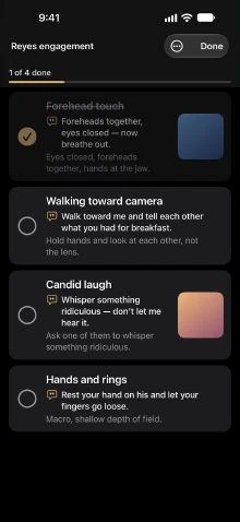 Session mode on iPhone: a dark full-screen pose checklist, one of four poses ticked, each with its prompt, setup notes and reference photo