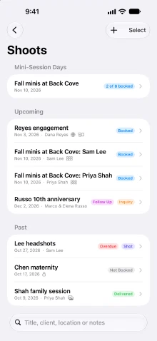 The Shoots list: a mini-session day, upcoming shoots marked Booked, Follow Up and Inquiry, and past shoots marked Overdue, Not Booked and Delivered