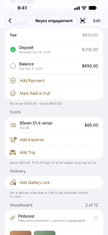 Further down a shoot's page: an $850 fee with a $200 deposit received and a $650 balance due, Add Payment and Mark Paid in Full, then a lens rental under Costs, Delivery and the moodboard
