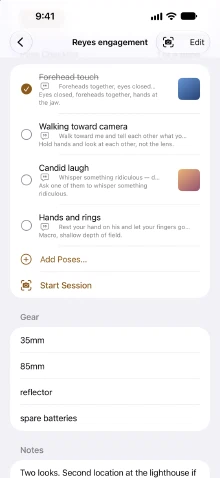 A shoot's pose checklist: one of four poses ticked, each with its prompt and reference photo, then Add Poses, Start Session, and the gear list