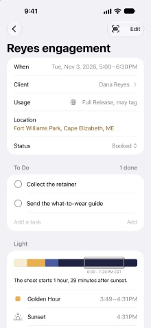 A shoot in CatchLight: when, client, photo usage, location and status, a to-do list, and the light for that evening