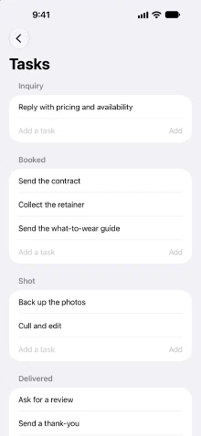 Settings › Tasks in CatchLight: a to-do list for each status, from replying with pricing for an inquiry to sending a thank-you once delivered