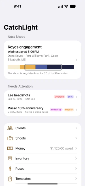 CatchLight's first screen on iPhone: the next shoot with its light strip, the shoots that need attention, and the list of sections