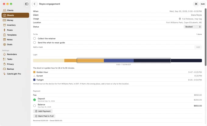 The same shoot in CatchLight on the Mac: the sidebar of sections, the to-do list, the light strip with golden hour, sunset and twilight, and the payments