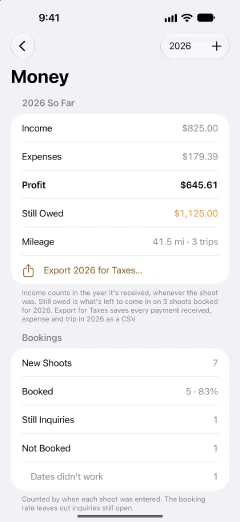CatchLight's money summary for 2026: income, expenses, profit, what is still owed, mileage, Export for Taxes, and how many inquiries booked