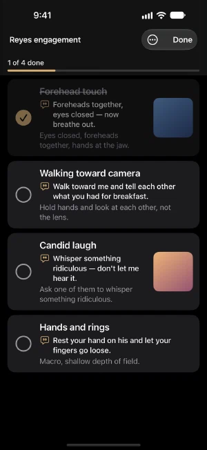 Session mode in CatchLight: a full-screen pose checklist on a dark background, each pose with a prompt to say out loud