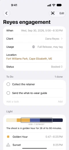 A shoot in CatchLight: when, client, photo usage, location and status, a to-do list, and the light for the evening