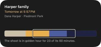 The next shoot widget: the Harper family tomorrow at 5:57 PM in Piedmont Park, with the light strip and how much of the shoot is in golden hour