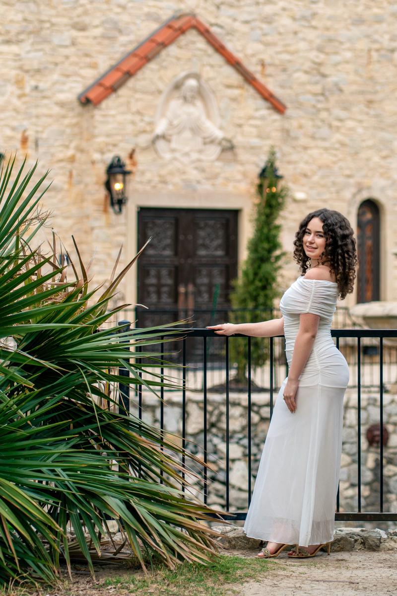 Senior portrait of Sophia at the chapel at Adriatica Village in McKinney, TX